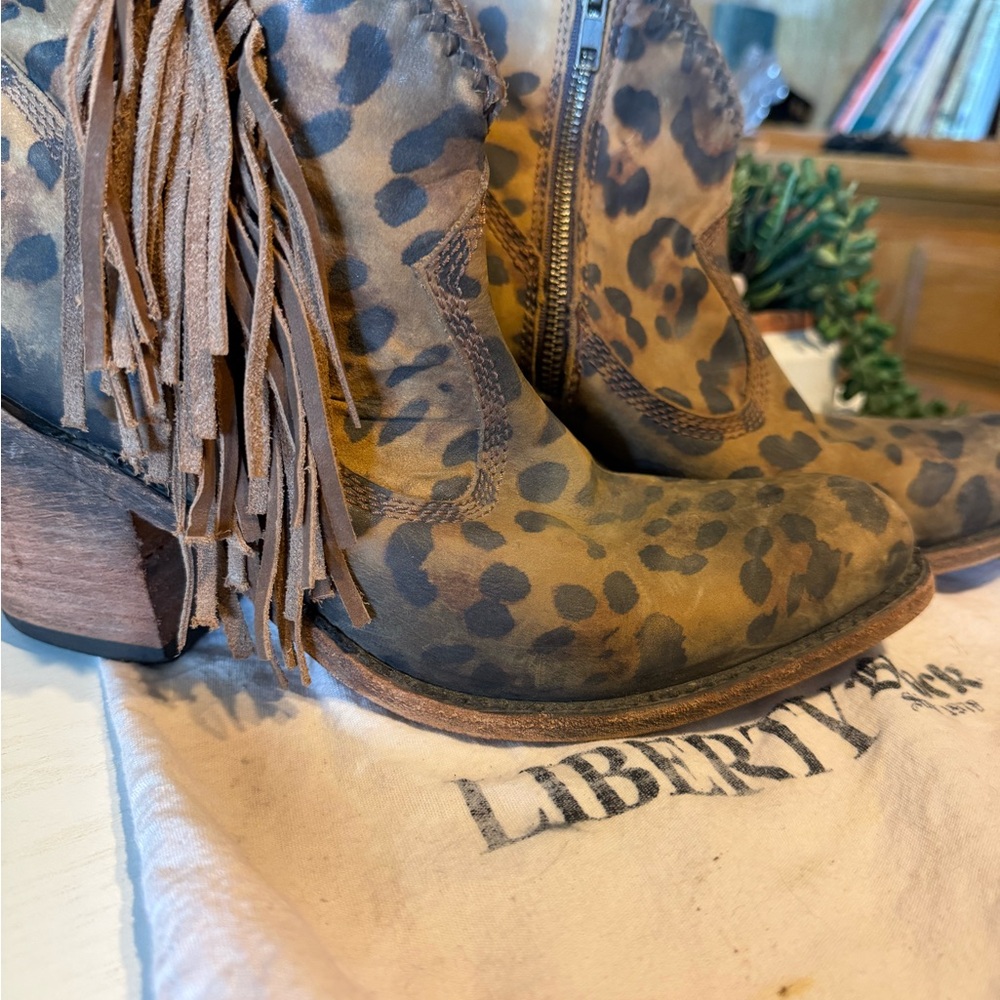 Liberty Black Leopard Print Fringe Ankle Boots - Picture 2 of 7